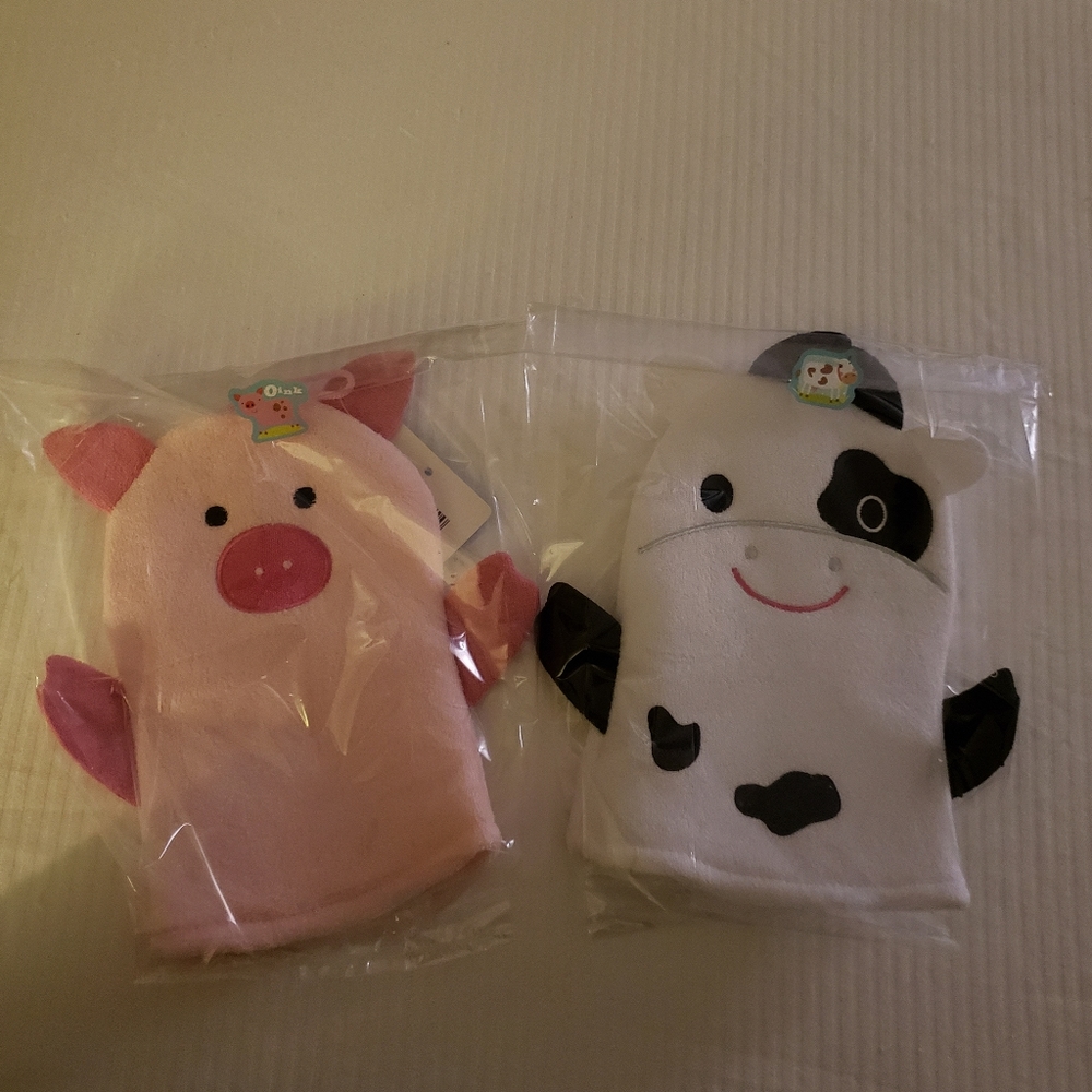 🐷 2PC Set of Farm Animal Puppets/Bath Mits 🐄